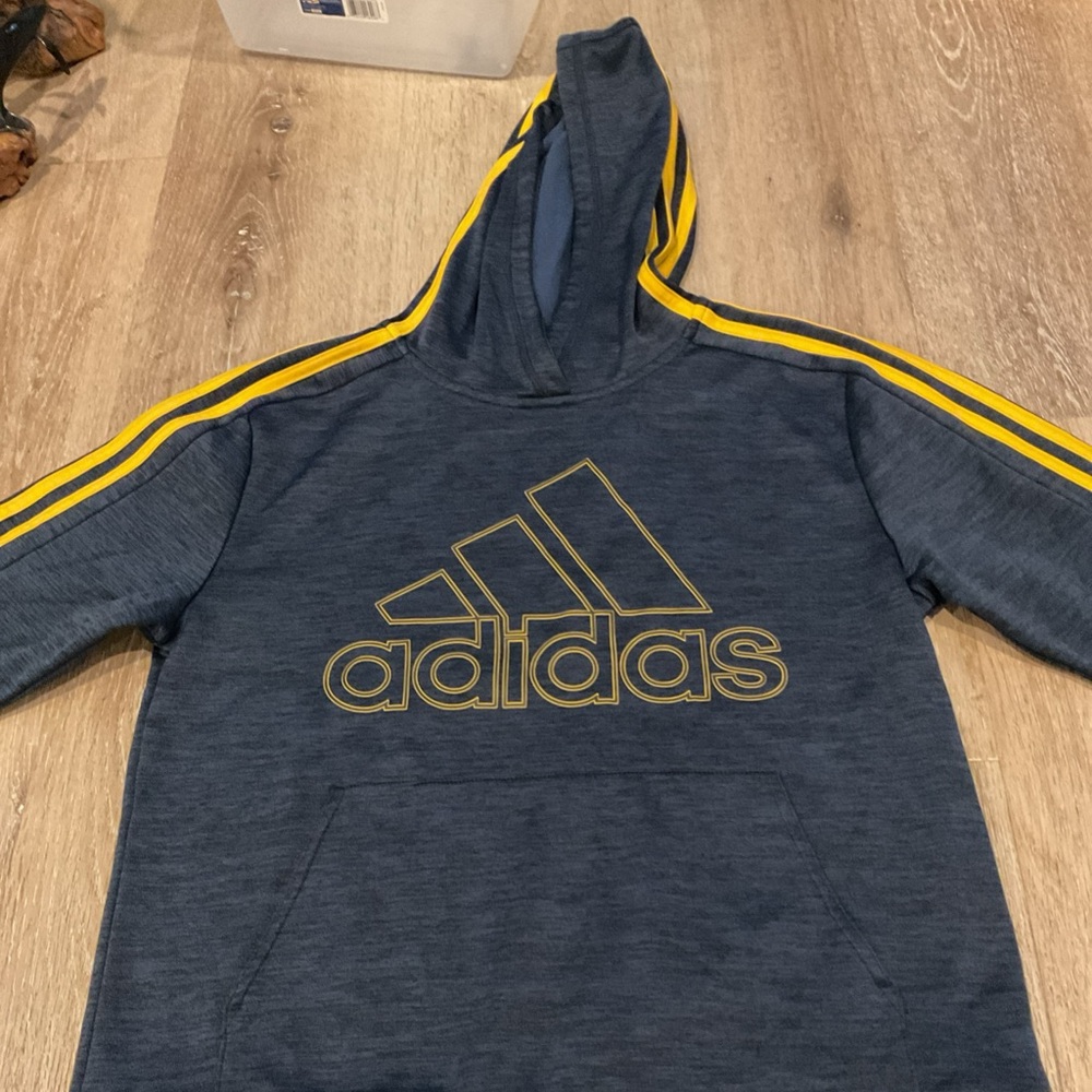 Adidas - Navy and Yellow Striped Hoodie - Youth Size Medium 10-12